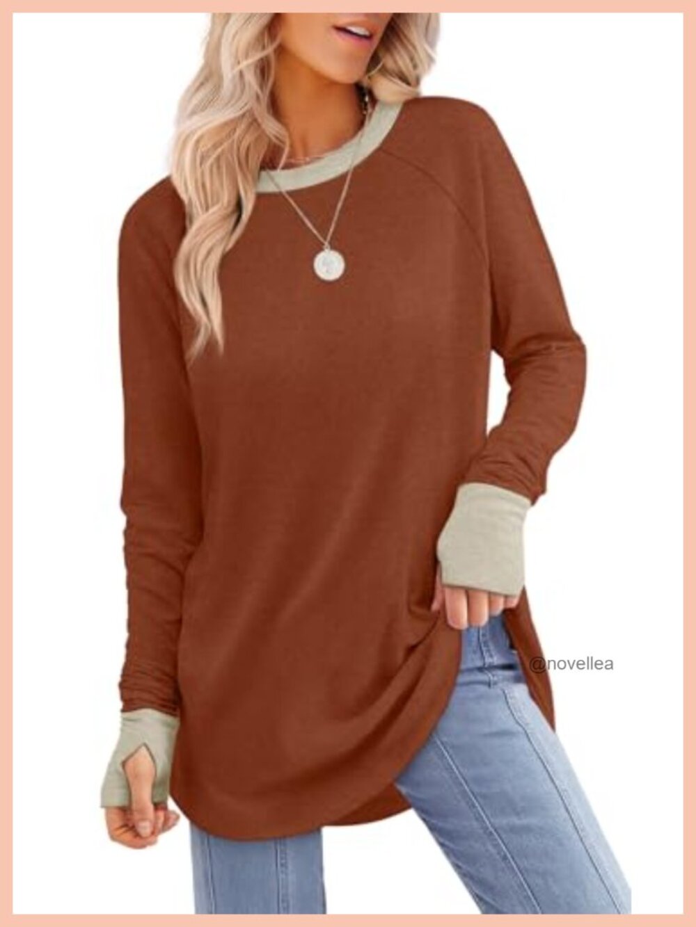 Womens Tunic Top Long Sleeve Thumb Hole Crew Neck Curved Hem Loose Fit
